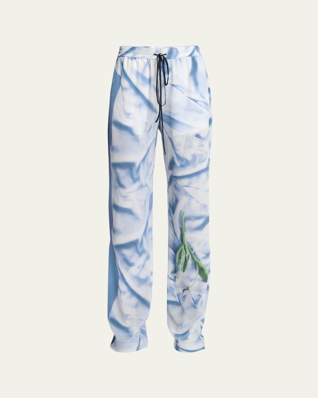 Printed Drawstring Pleated Silk Pajama Trousers